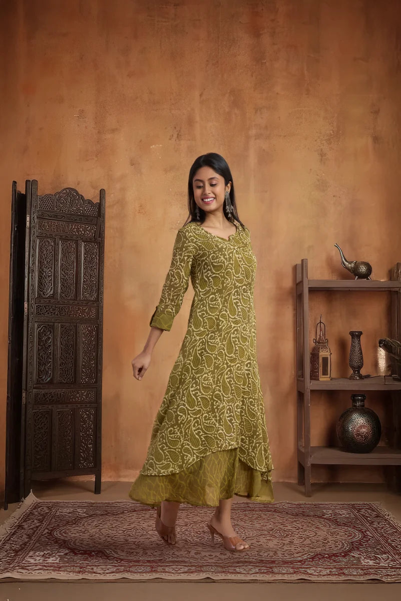Olive Noor Hand Block Print Double-Layered Cotton Dress