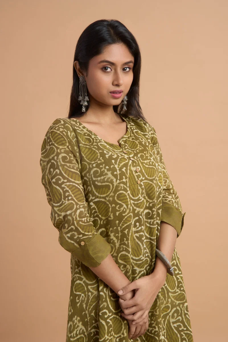 Olive Noor Hand Block Print Double-Layered Cotton Dress