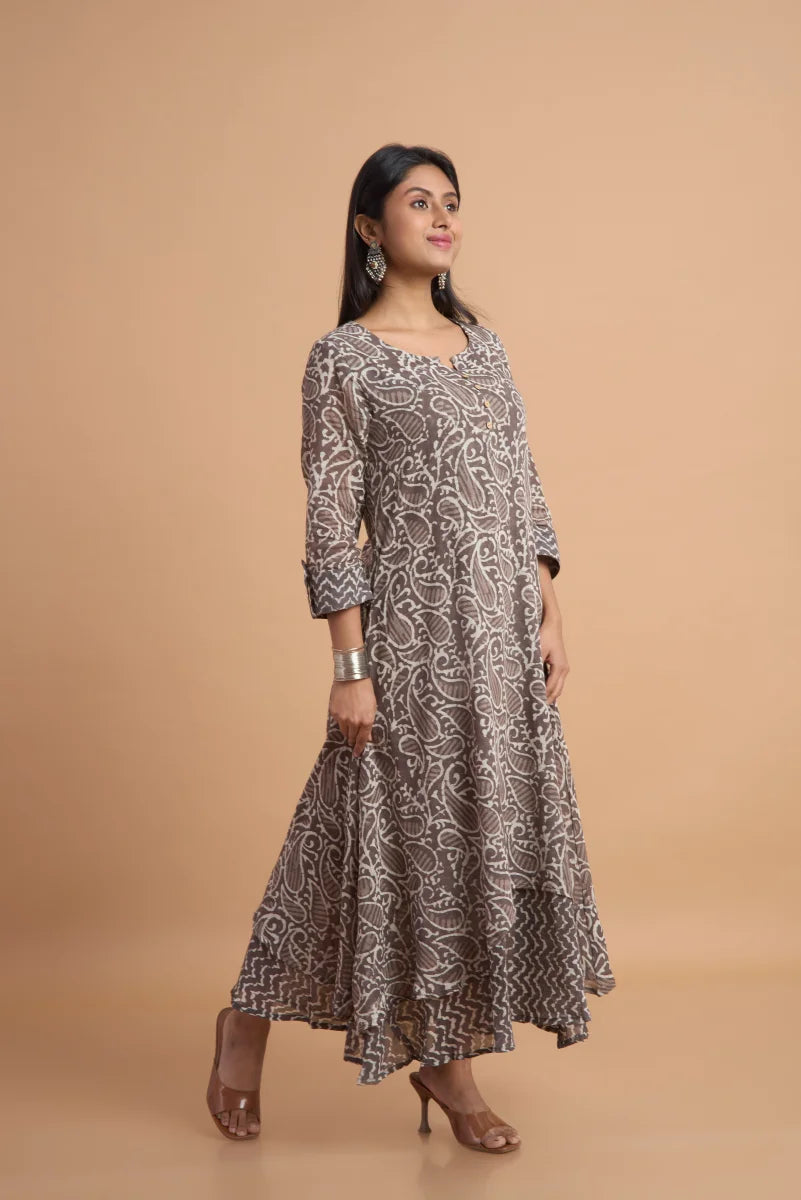 Kashish Double-Layered Hand Block Print Dress in Cotton Mull