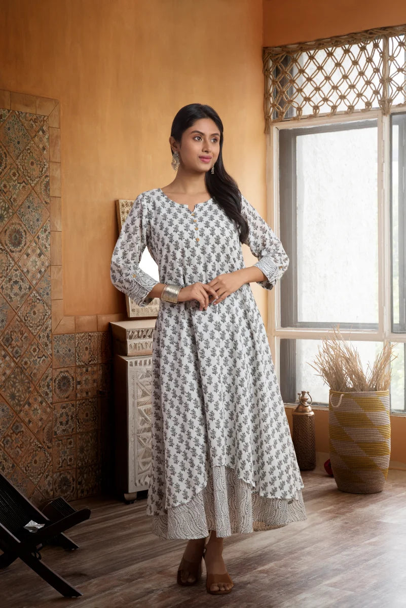 Grey & White Heritage Block Print Cotton Dress