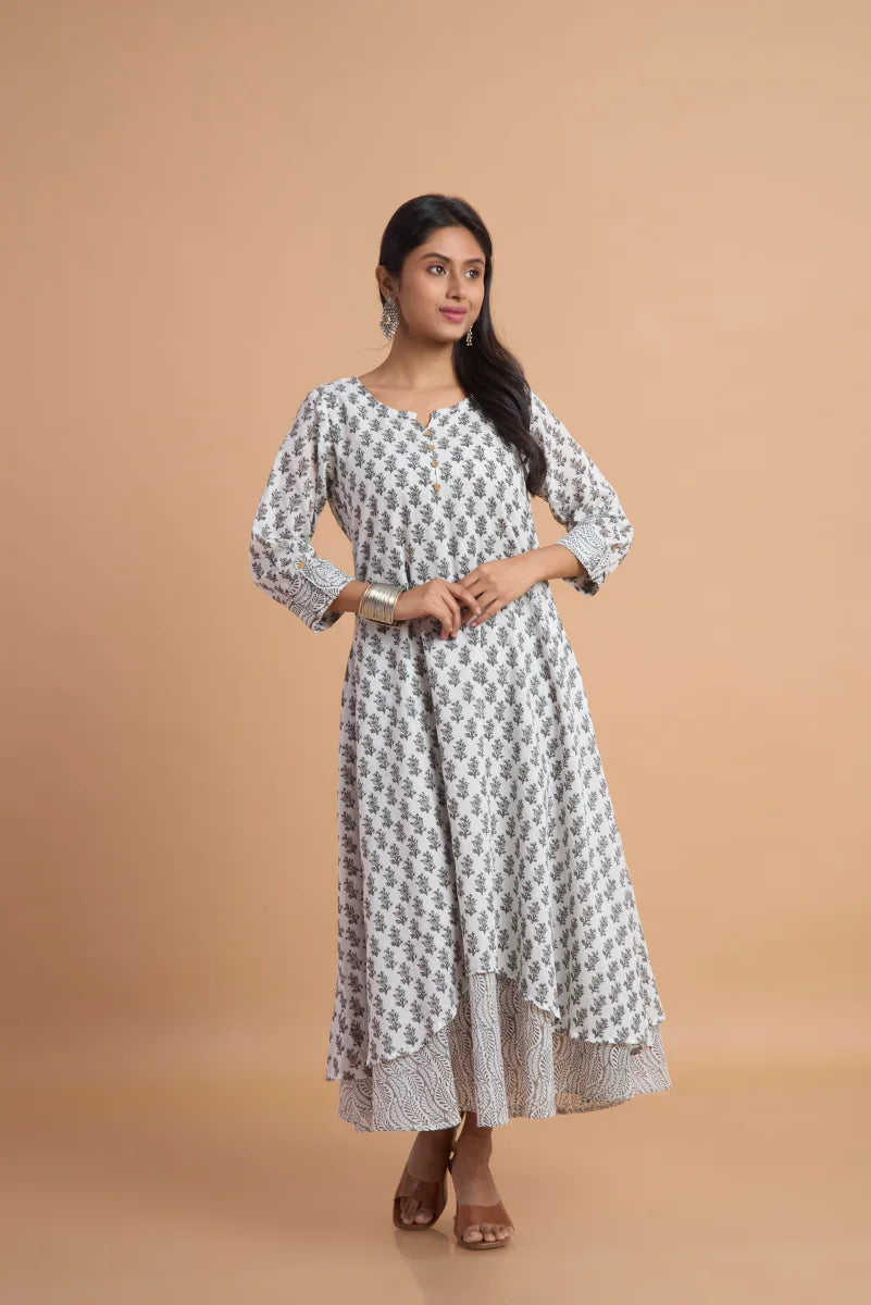 Grey & White Heritage Block Print Cotton Dress