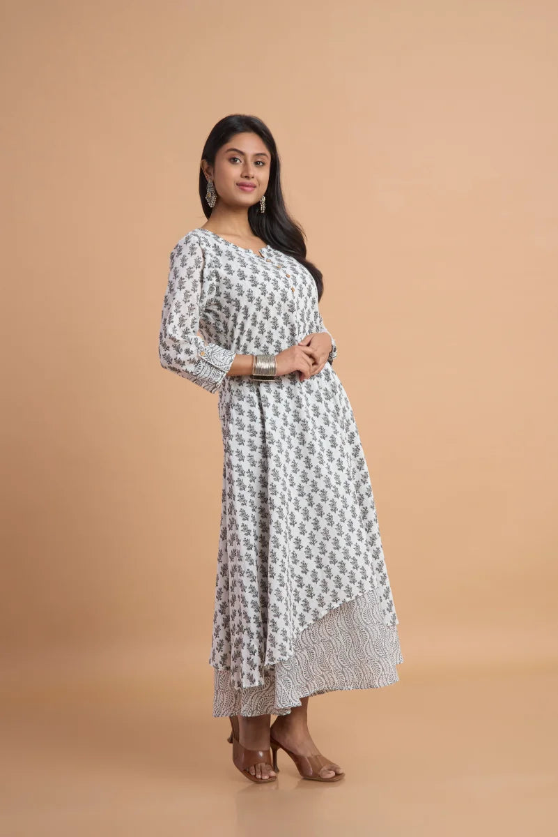 Grey & White Heritage Block Print Cotton Dress