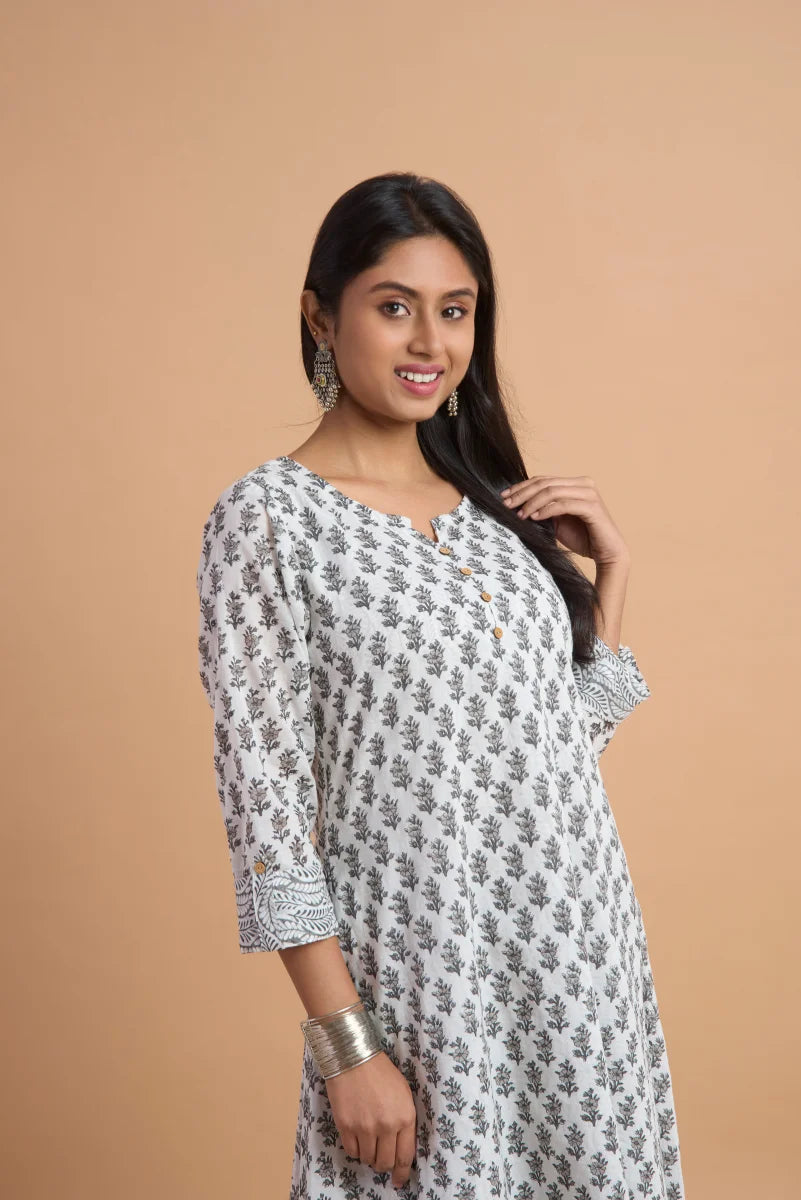 Grey & White Heritage Block Print Cotton Dress
