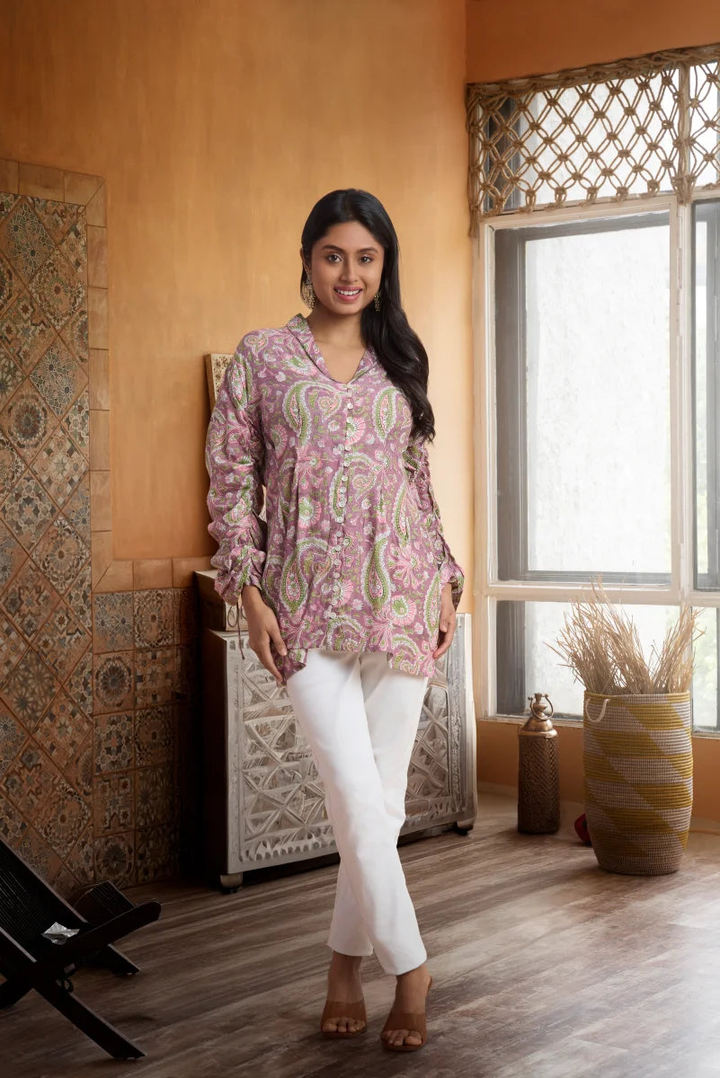 Pink Paisley Hand Block Print Cotton Top