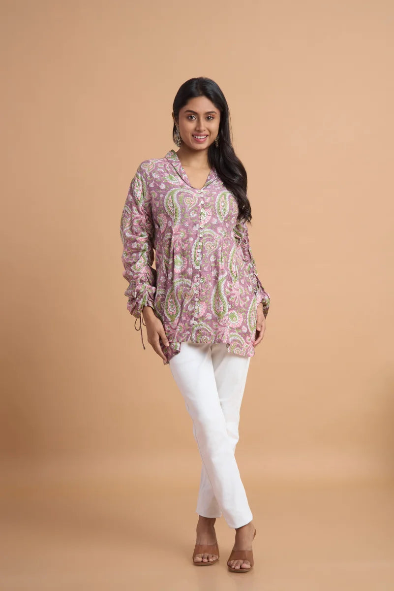 Pink Paisley Hand Block Print Cotton Top