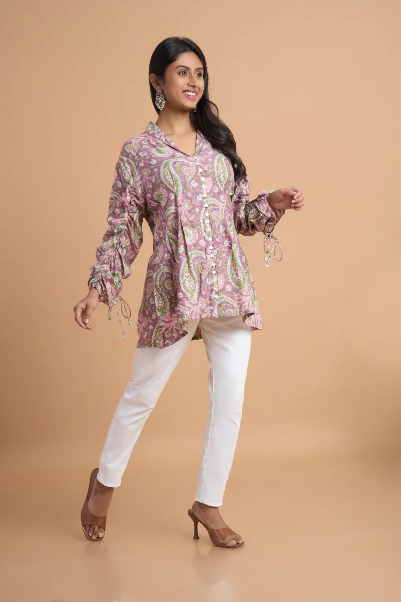 Pink Paisley Hand Block Print Cotton Top