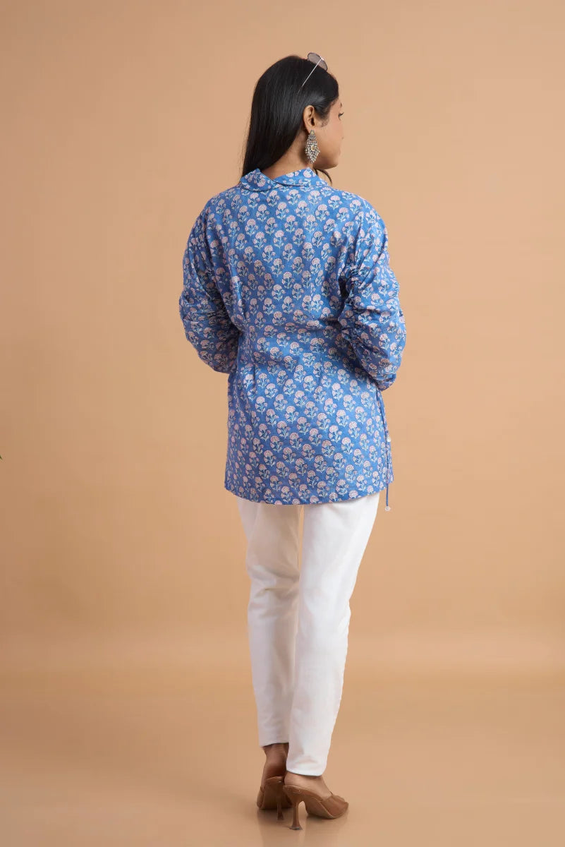 Blue Blossom Hand Block Print Cotton Top