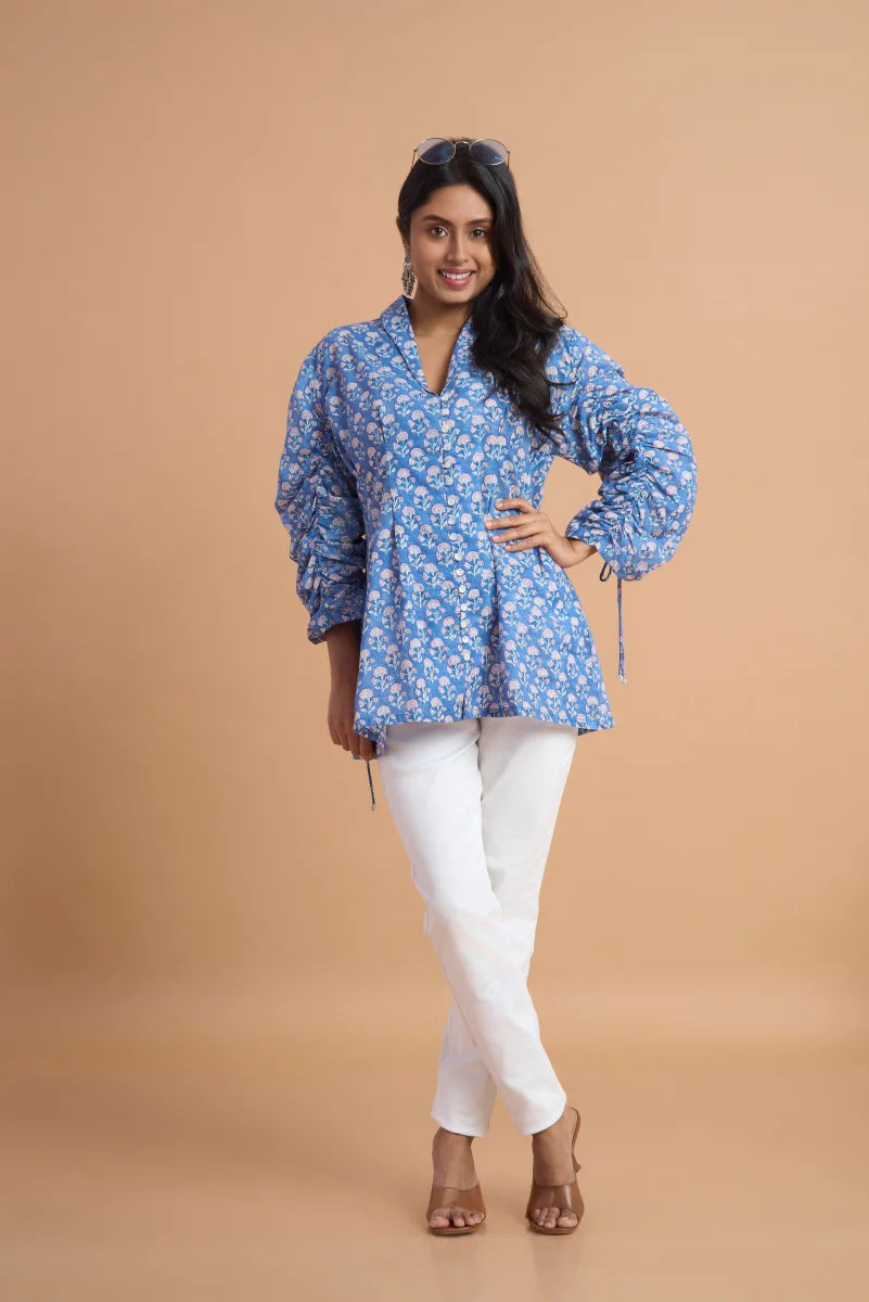 Blue Blossom Hand Block Print Cotton Top