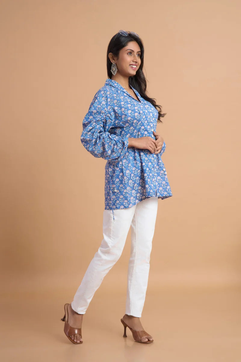 Blue Blossom Hand Block Print Cotton Top