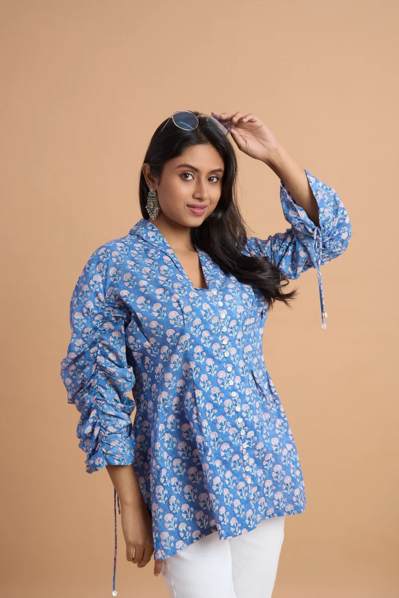 Blue Blossom Hand Block Print Cotton Top