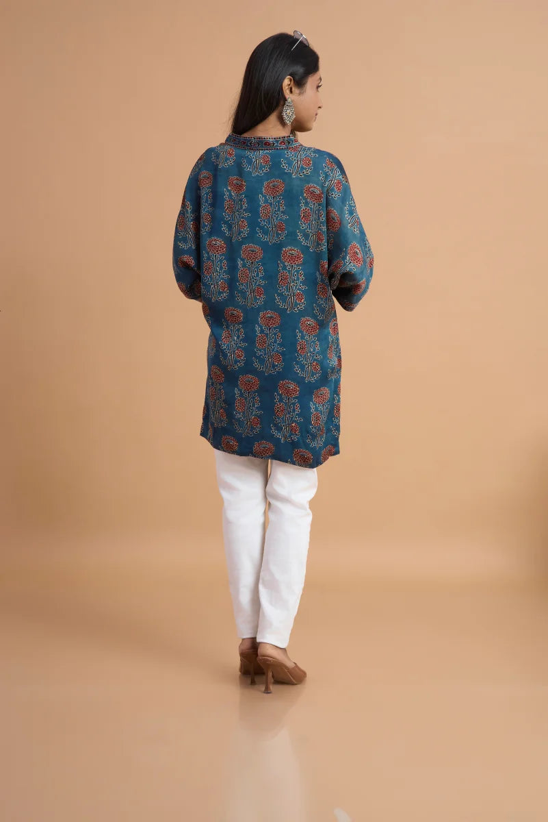 Teal Heritage Ajrakh Modal Kaftan Top