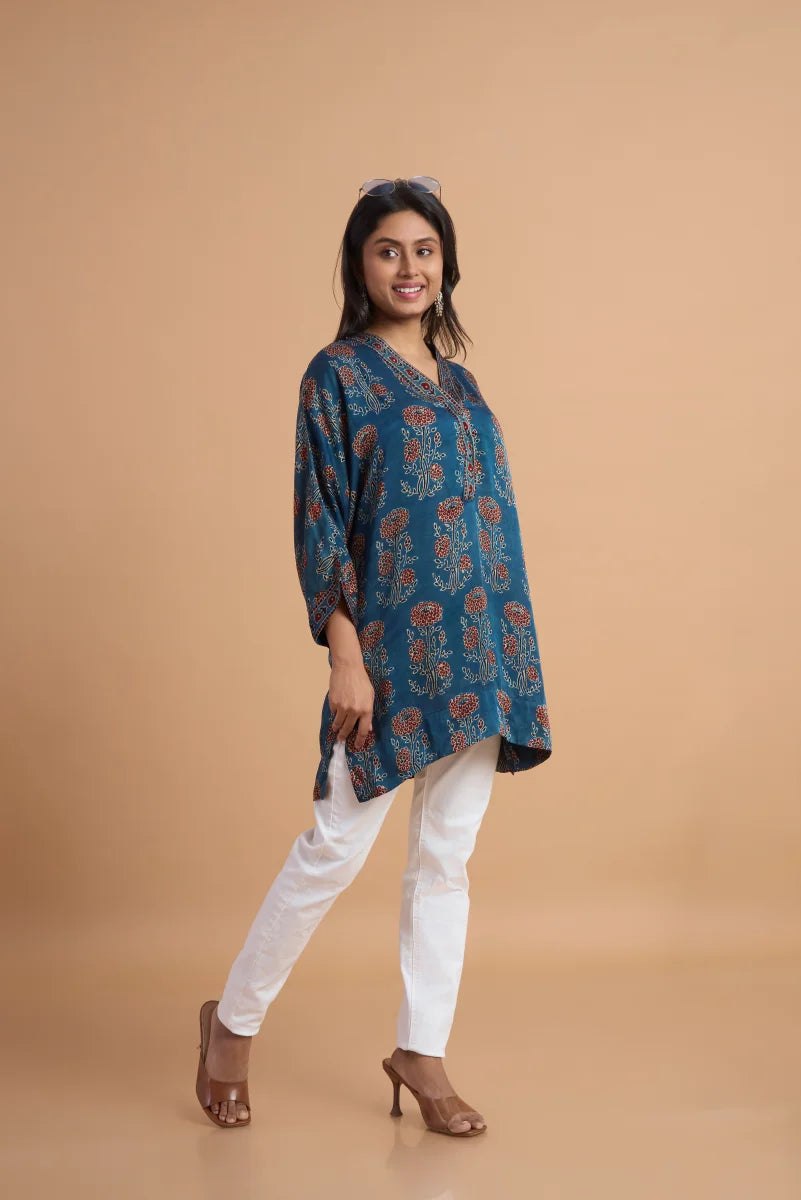 Teal Heritage Ajrakh Modal Kaftan Top