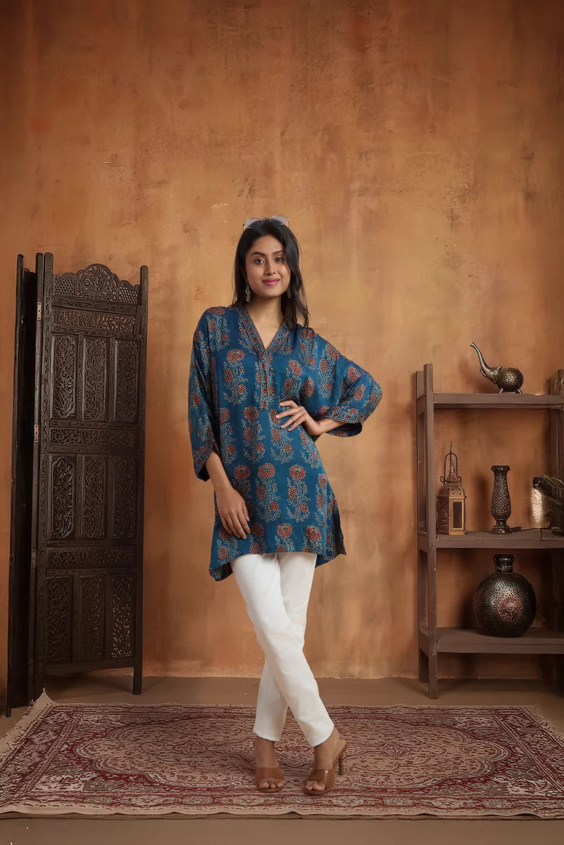 Teal Heritage Ajrakh Modal Kaftan Top