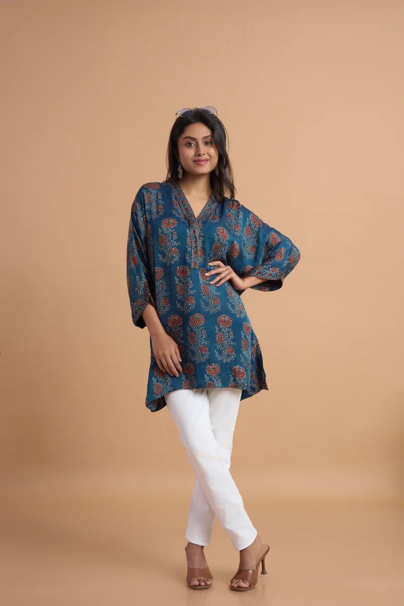 Teal Heritage Ajrakh Modal Kaftan Top