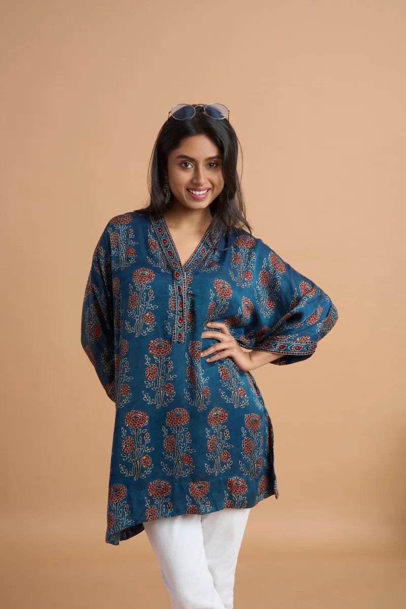 Teal Heritage Ajrakh Modal Kaftan Top