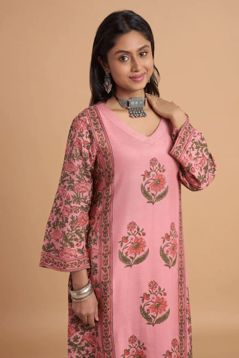 Rose Pink Muslin Satin Kurta Set with Hand Block Placement Print & Adda Embroidery