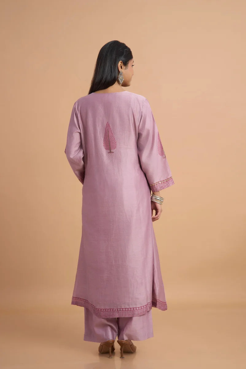 Mauve Chanderi Kurta Pant Set with Hand Block Placement Print & Adda Embroidery