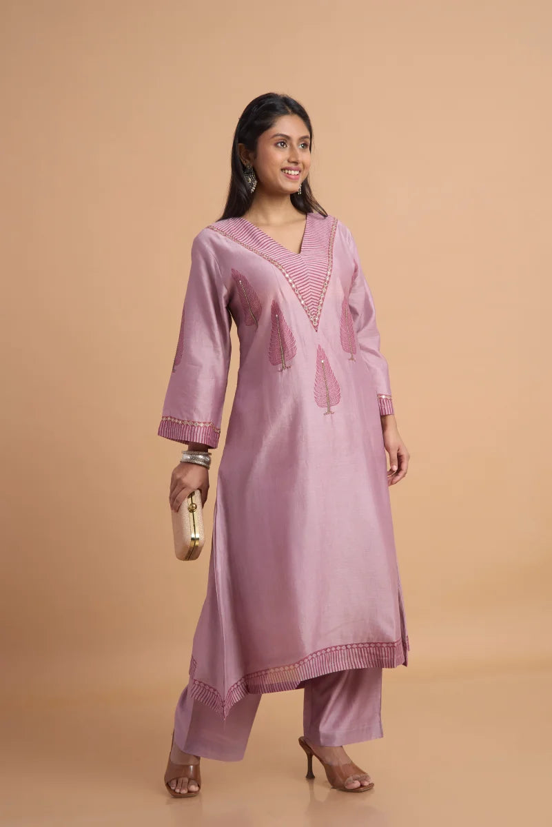 Mauve Chanderi Kurta Pant Set with Hand Block Placement Print & Adda Embroidery