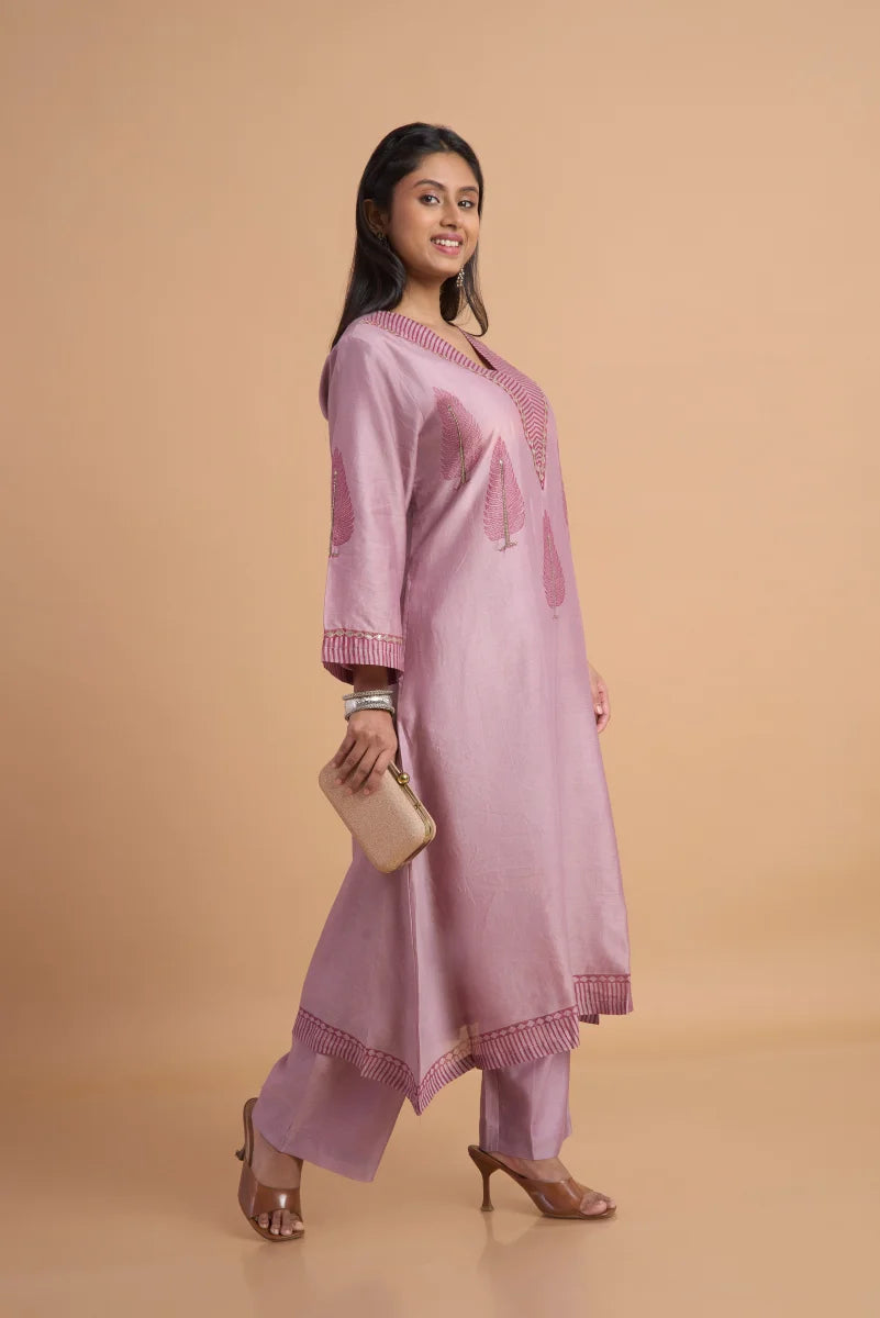 Mauve Chanderi Kurta Pant Set with Hand Block Placement Print & Adda Embroidery