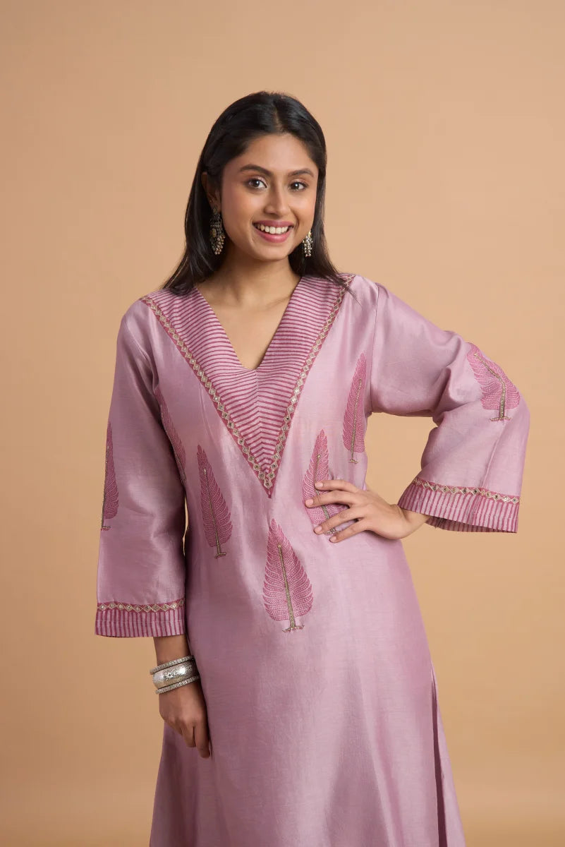 Mauve Chanderi Kurta Pant Set with Hand Block Placement Print & Adda Embroidery