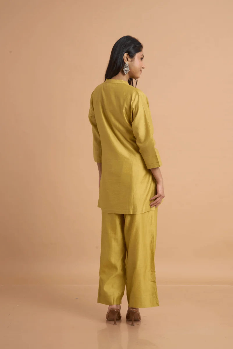 Golden Beige Chanderi Coord Set with Hand Block Placement Print & Adda Embroidery