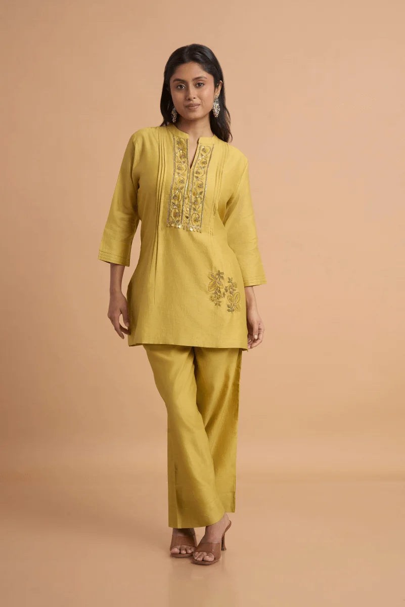 Golden Beige Chanderi Coord Set with Hand Block Placement Print & Adda Embroidery