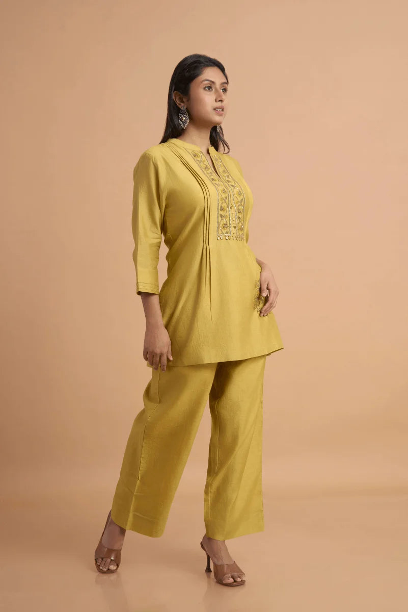 Golden Beige Chanderi Coord Set with Hand Block Placement Print & Adda Embroidery