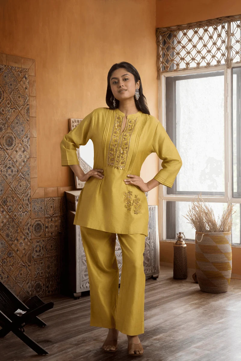 Golden Beige Chanderi Coord Set with Hand Block Placement Print & Adda Embroidery