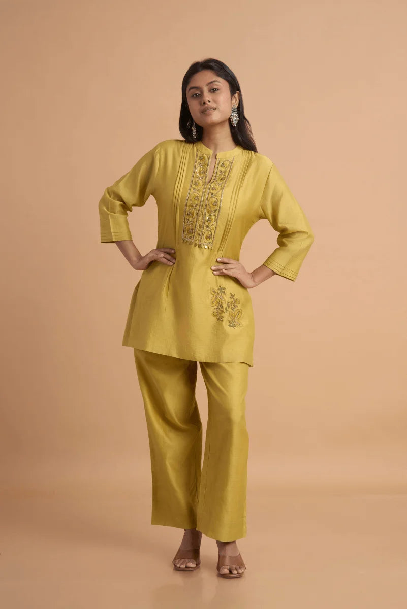 Golden Beige Chanderi Coord Set with Hand Block Placement Print & Adda Embroidery