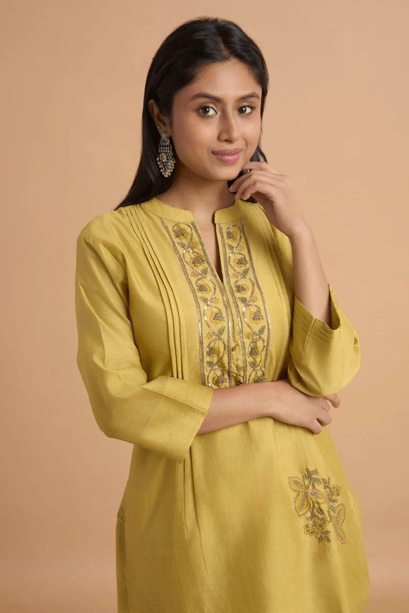 Golden Beige Chanderi Coord Set with Hand Block Placement Print & Adda Embroidery