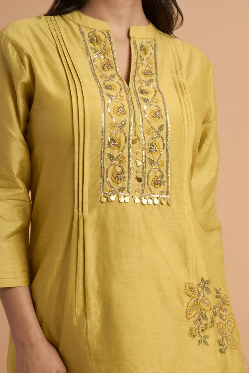 Golden Beige Chanderi Coord Set with Hand Block Placement Print & Adda Embroidery