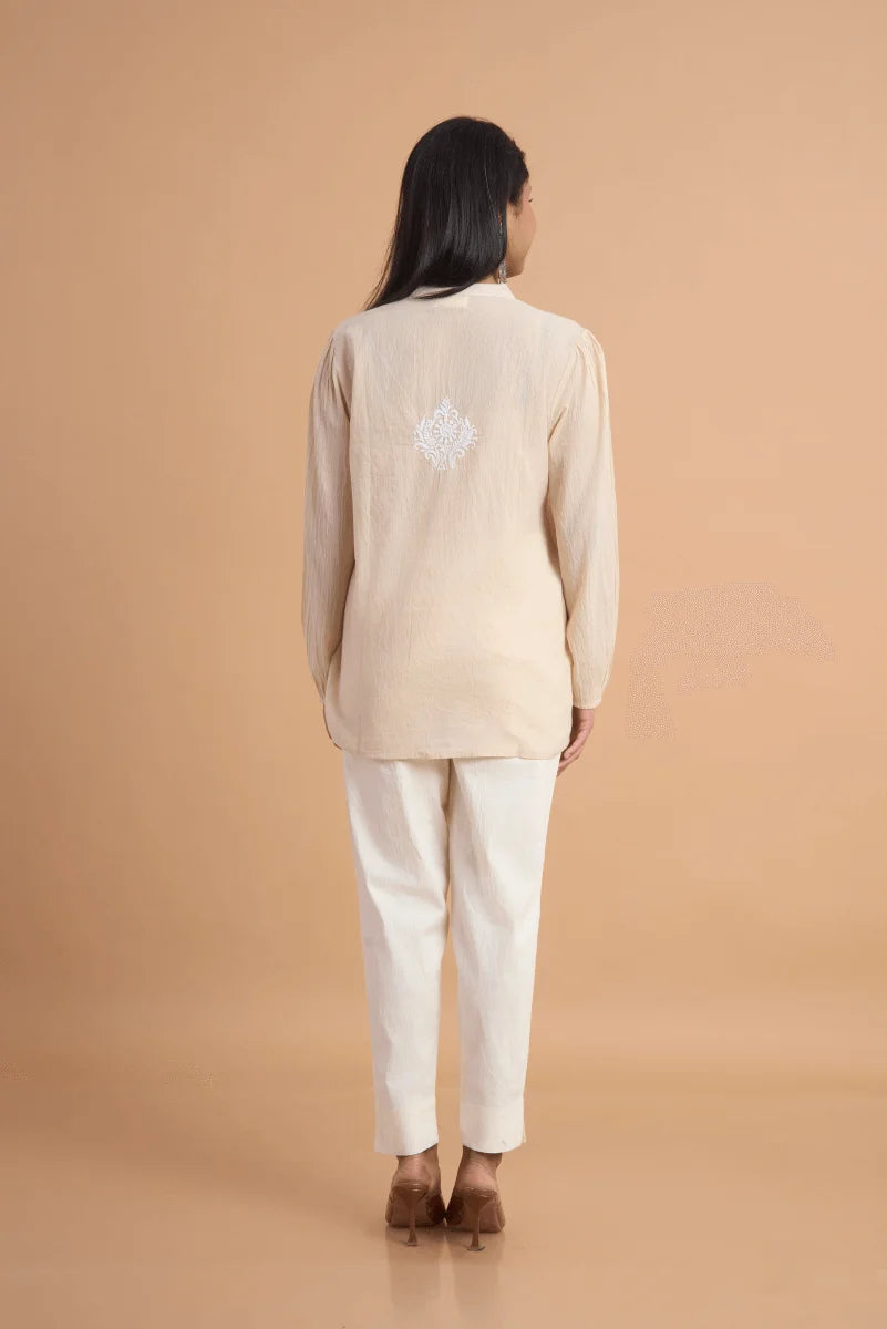 Beige Cotton Slub Top with Hand Chikan Embroidery