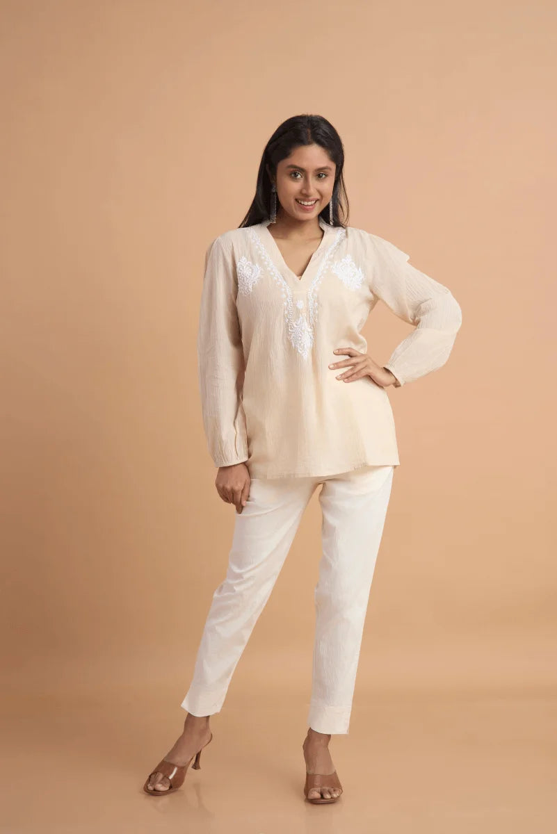 Beige Cotton Slub Top with Hand Chikan Embroidery