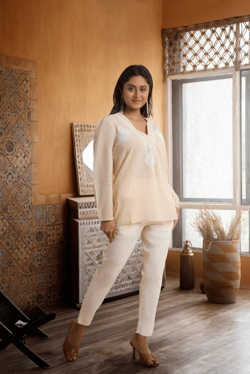 Beige Cotton Slub Top with Hand Chikan Embroidery