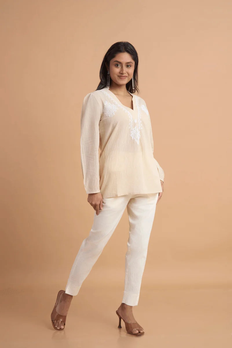 Beige Cotton Slub Top with Hand Chikan Embroidery