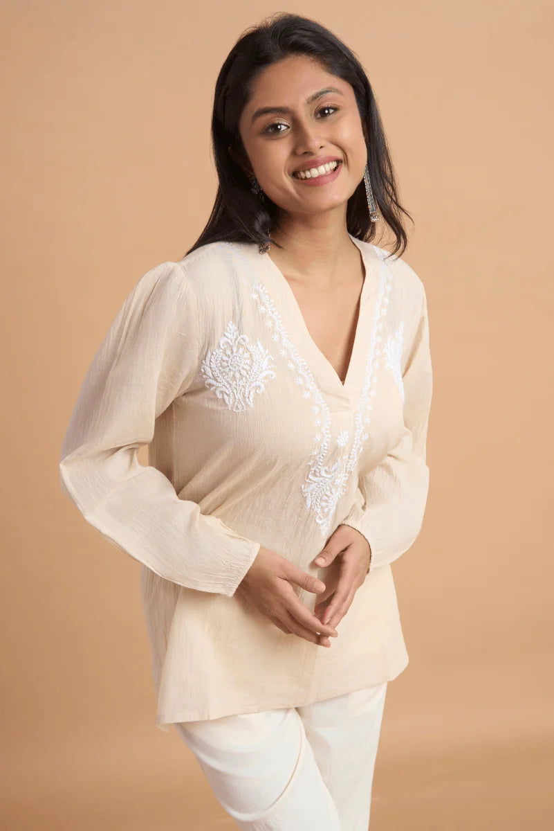 Beige Cotton Slub Top with Hand Chikan Embroidery