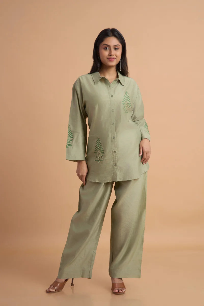 Sage Aura Hand Block Print Chanderi Co-ord Set
