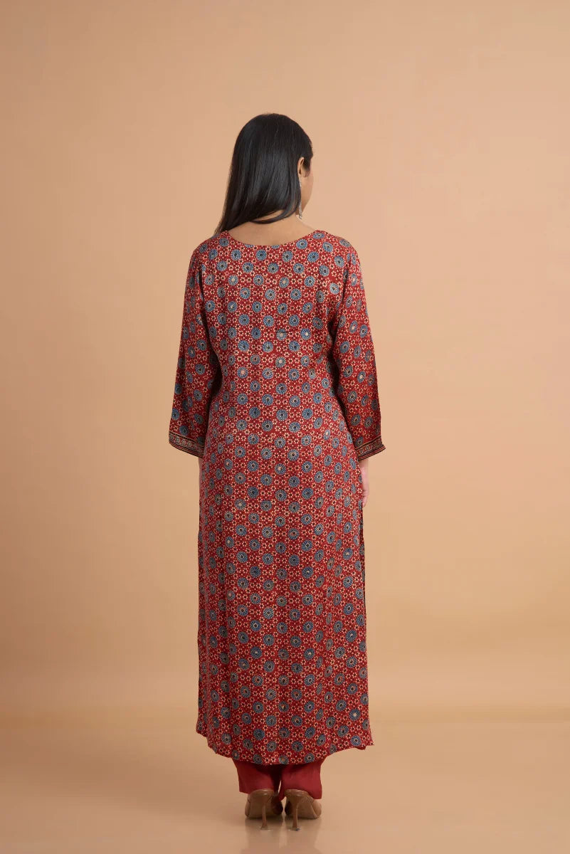 Rust Red Hand Ajrakh Placement Print Kurta Set in Modal Satin