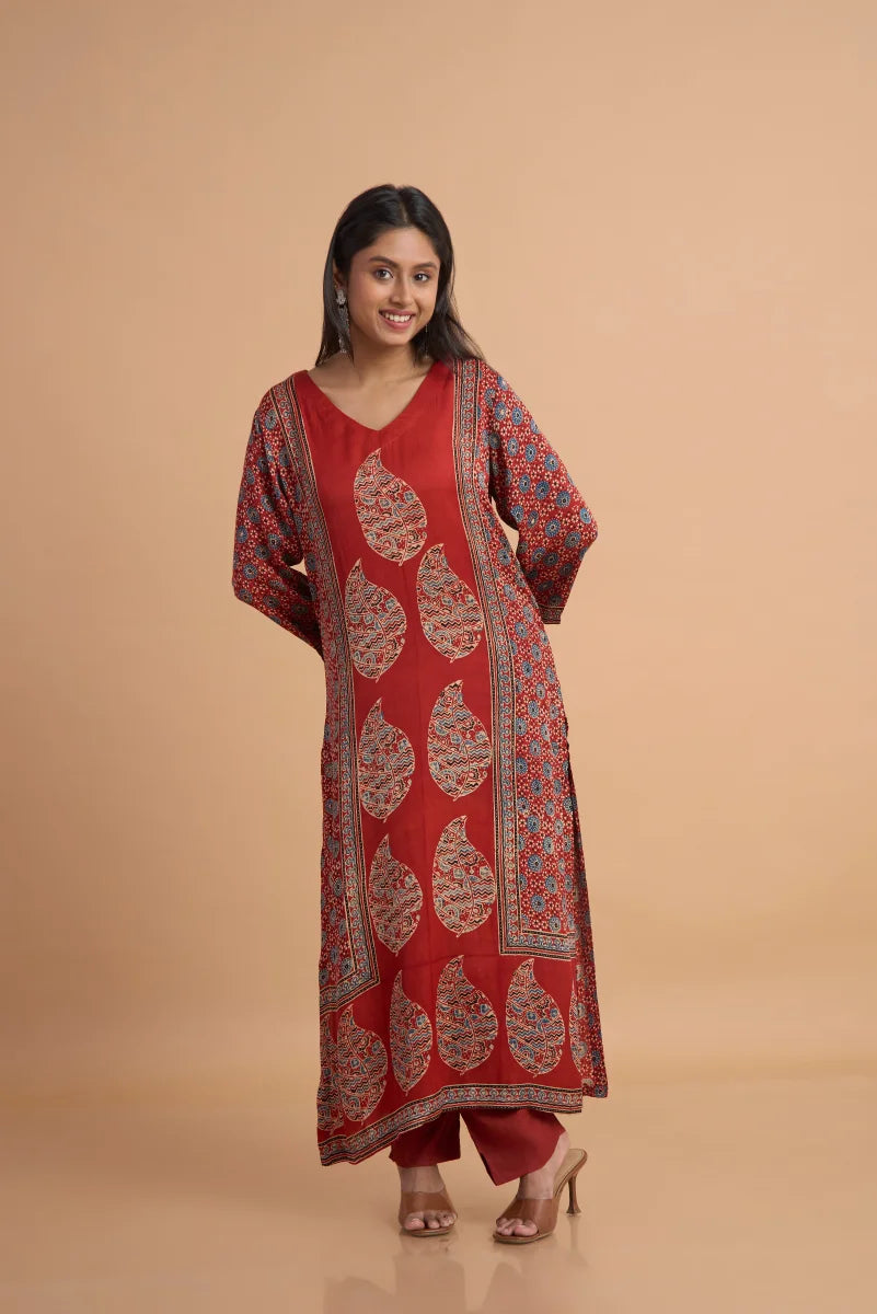 Rust Red Hand Ajrakh Placement Print Kurta Set in Modal Satin
