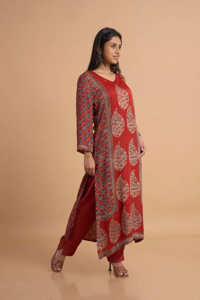 Rust Red Hand Ajrakh Placement Print Kurta Set in Modal Satin