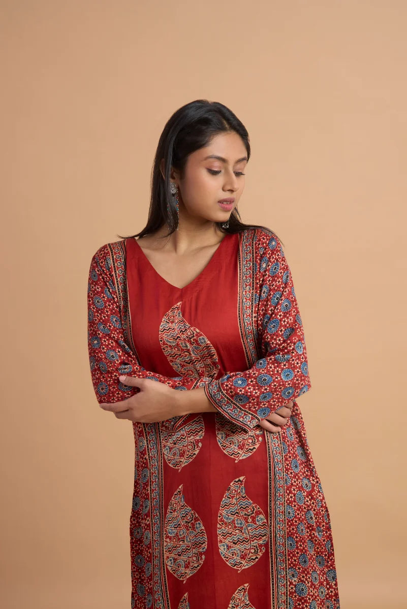Rust Red Hand Ajrakh Placement Print Kurta Set in Modal Satin