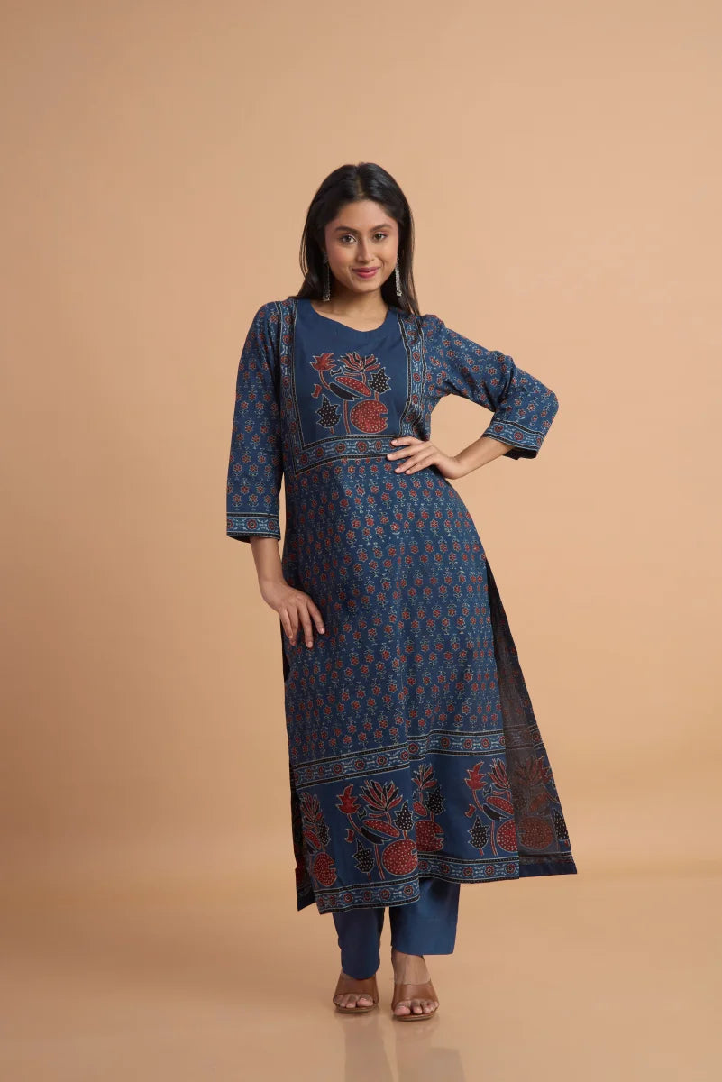 Hand Ajrakh Print – Blue Cotton Set