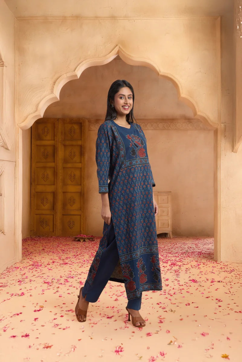 Hand Ajrakh Print – Blue Cotton Set