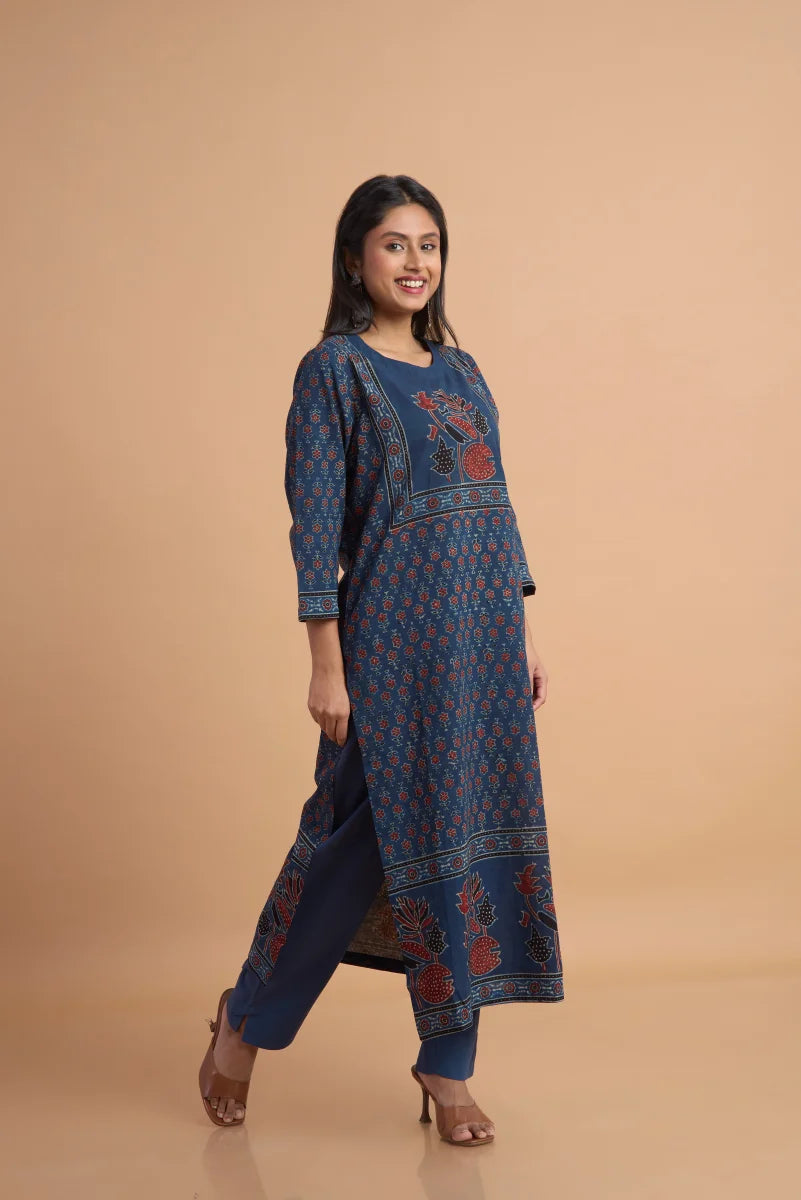 Hand Ajrakh Print – Blue Cotton Set