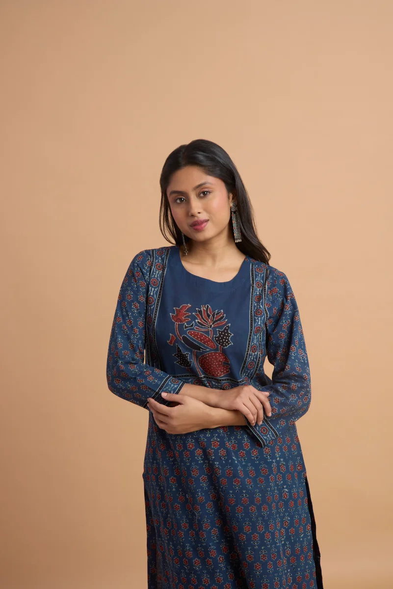 Hand Ajrakh Print – Blue Cotton Set