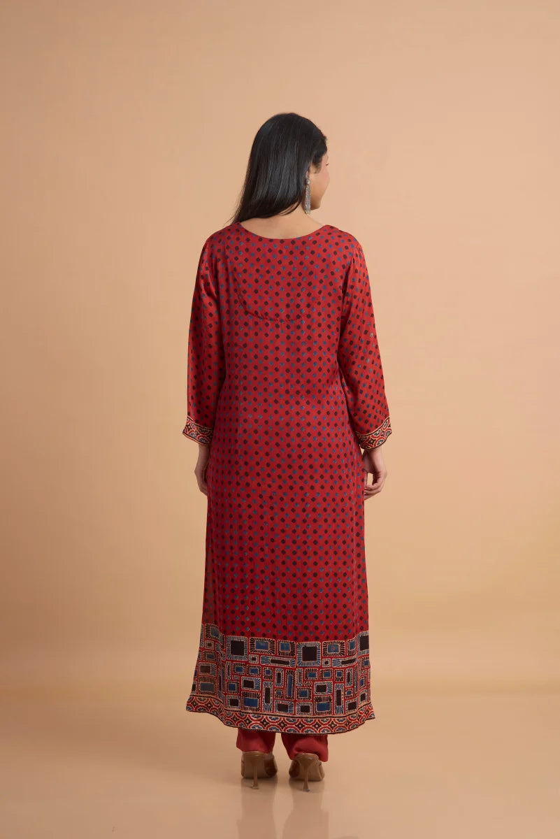 Rust Red Hand Ajrakh Placement Print Kurta Set in Modal Satin