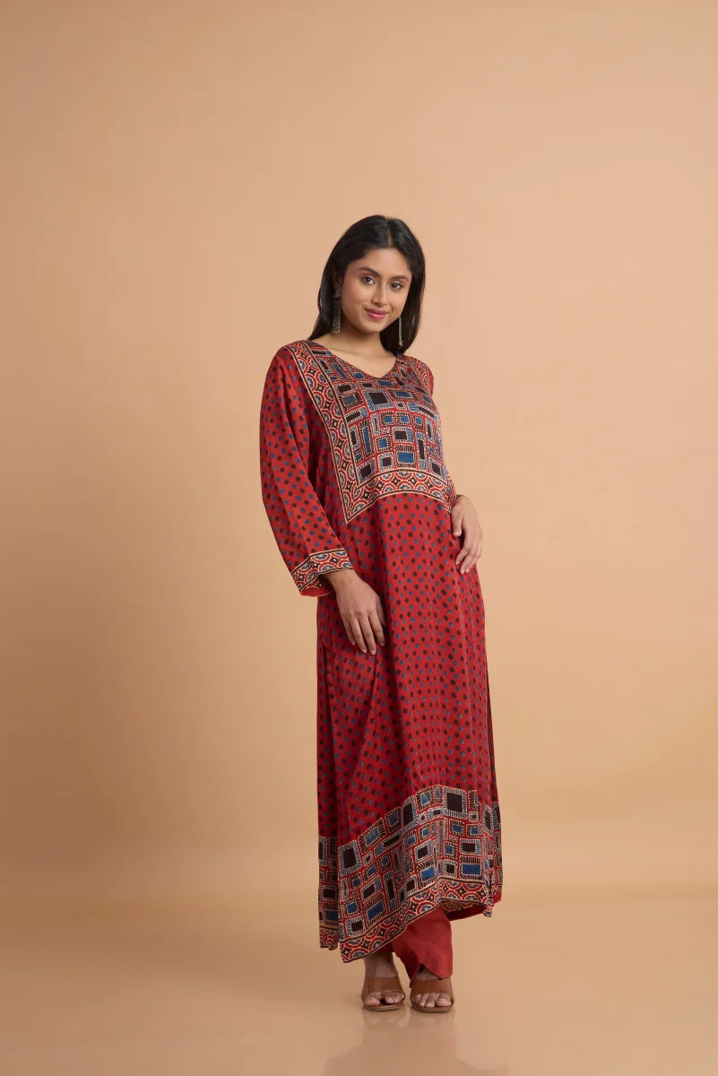Rust Red Hand Ajrakh Placement Print Kurta Set in Modal Satin
