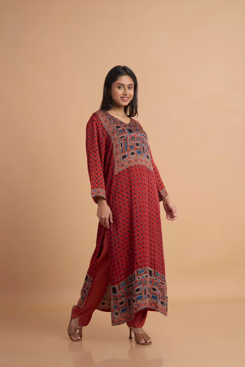 Rust Red Hand Ajrakh Placement Print Kurta Set in Modal Satin