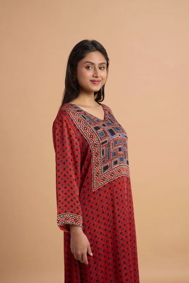 Rust Red Hand Ajrakh Placement Print Kurta Set in Modal Satin