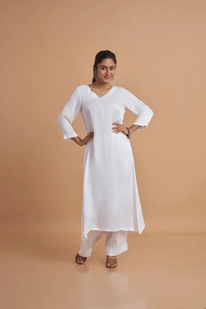 Modal Satin white kurta with murri work